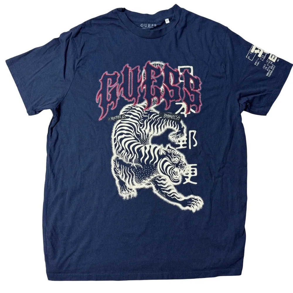 Vintage Guess Mens T Shirt Large Navy Tiger Graphic Print Short Sleeve Cotton - Picture 2 of 10